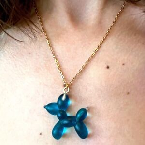 NEW Blue Resin Balloon Dog Puppy Pendant Gold Tone Necklace